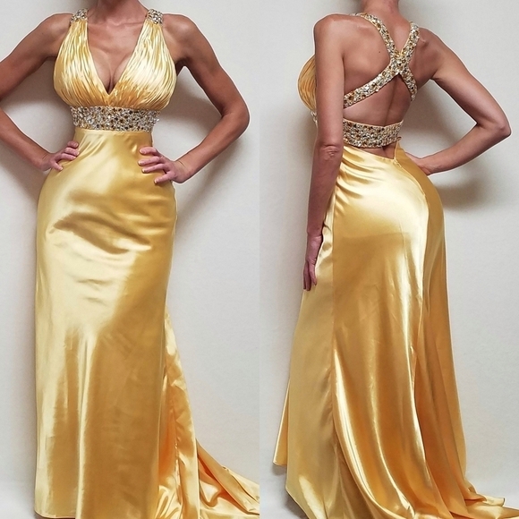 Vintage Beyond Jovani Yellow Charmeuse Shimmer V-neck Beaded Backless Maxi Dress - Picture 1 of 16